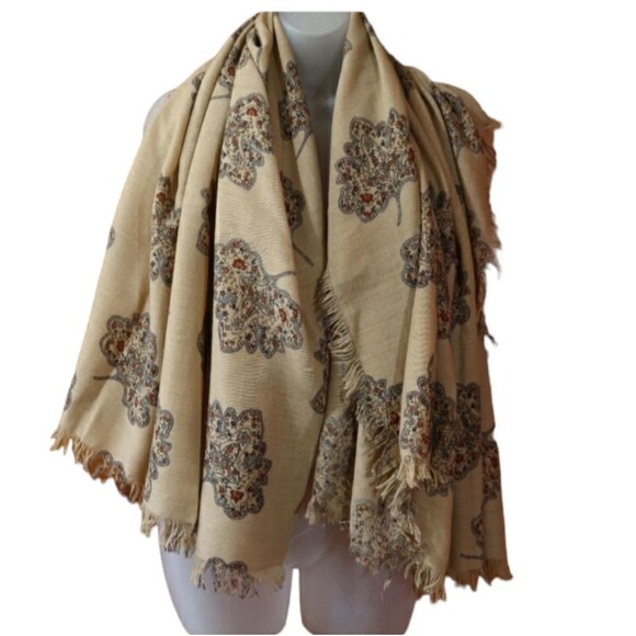 Vintage Brown Fringe Leaf Print Oversized Blanket Scarf Wrap 54x53 - Picture 1 of 10